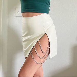 White Faux Leather Chained Slit Mini Skirt